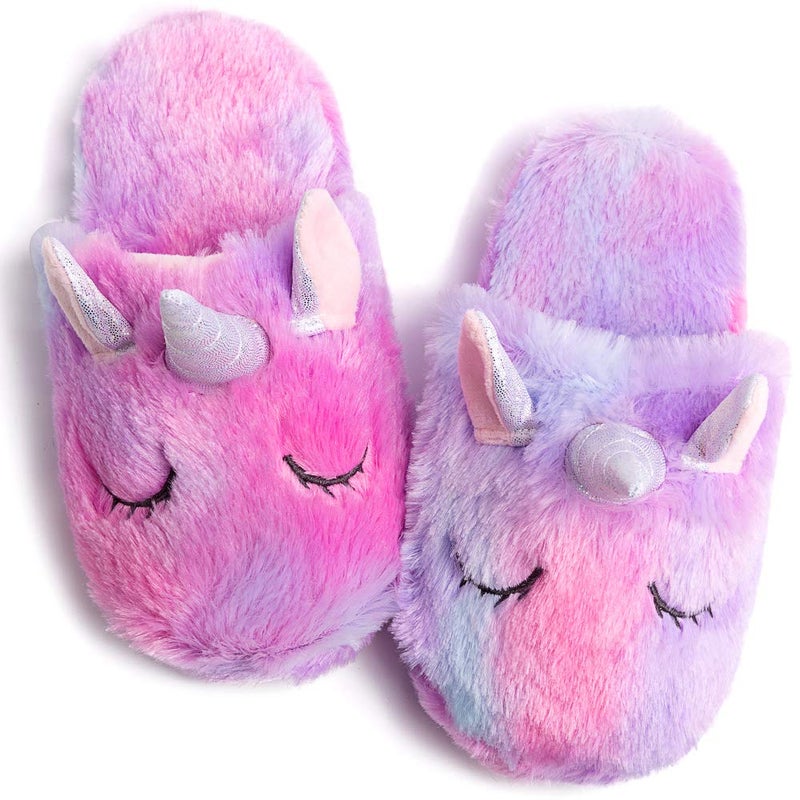 Techcity Rainbow Unicorn Kids Slippers - Cute Fluffy, Cozy Plush Indoor/Outdoor - Best Unicorn Gifts - Image 1